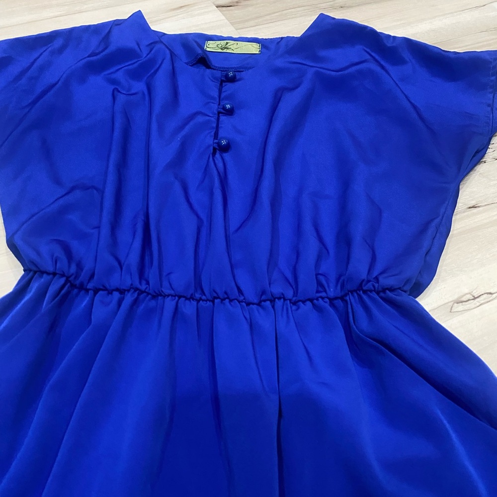 Royal Blue Dolman Sleeve Dress Size Small Elastic Waist Button Front - Picture 2 of 5